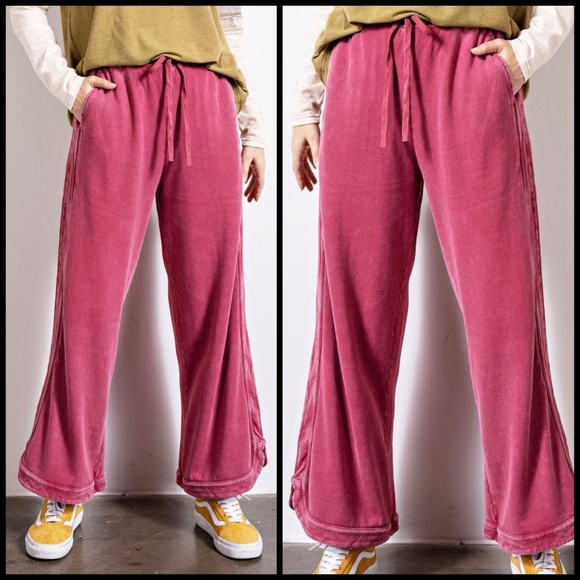 EASEL "So Comfy" Mineral Washed Pants Cotton Terry Side Leg Detail Elastic Waist - Picture 12 of 16